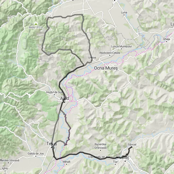 Map miniature of "Sâncel Loop via Crăciunelu de Jos and Blaj" cycling inspiration in Centru, Romania. Generated by Tarmacs.app cycling route planner