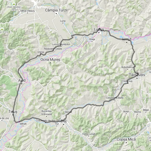 Map miniature of "Sâncel Loop via Crăciunelu de Jos and Adămuș" cycling inspiration in Centru, Romania. Generated by Tarmacs.app cycling route planner