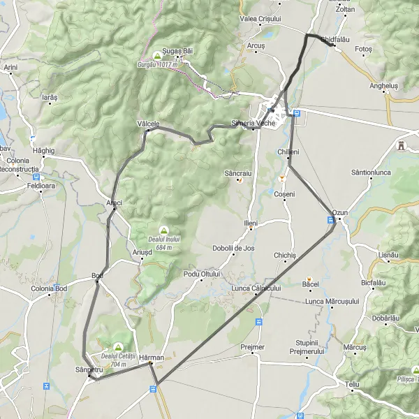 Map miniature of "The Araci Loop" cycling inspiration in Centru, Romania. Generated by Tarmacs.app cycling route planner