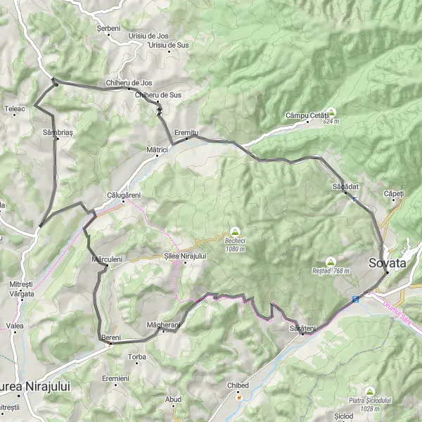 Map miniature of "Magherani - Marculeni - Sambrias - Eremitu - Sacadat - Dealul Cetatii Loop" cycling inspiration in Centru, Romania. Generated by Tarmacs.app cycling route planner
