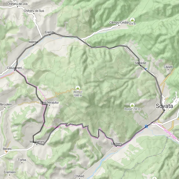 Map miniature of "Magherani - Eremitu - Sacadat - Dealul Cetatii Loop" cycling inspiration in Centru, Romania. Generated by Tarmacs.app cycling route planner