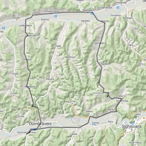 Map miniature of "Ormeniș to Saros pe Tarnave Road Cycling Route" cycling inspiration in Centru, Romania. Generated by Tarmacs.app cycling route planner