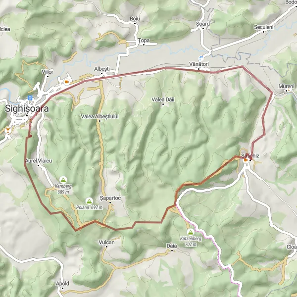 Map miniature of "Gravel Adventure to Peasant Fortress, Ohlberg, and Sighișoara" cycling inspiration in Centru, Romania. Generated by Tarmacs.app cycling route planner