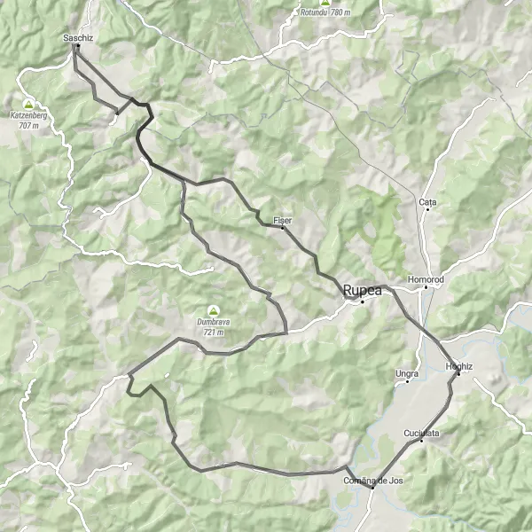 Map miniature of "Saschiz Loop" cycling inspiration in Centru, Romania. Generated by Tarmacs.app cycling route planner