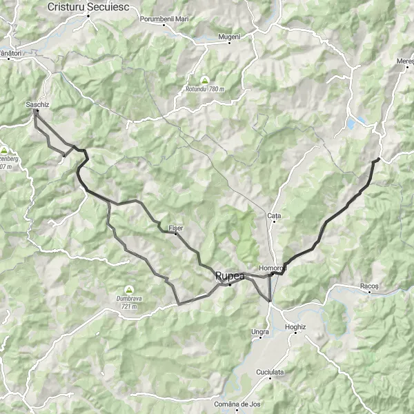 Map miniature of "Scenic Road Trip to Criț, Fișer, and Viscri" cycling inspiration in Centru, Romania. Generated by Tarmacs.app cycling route planner