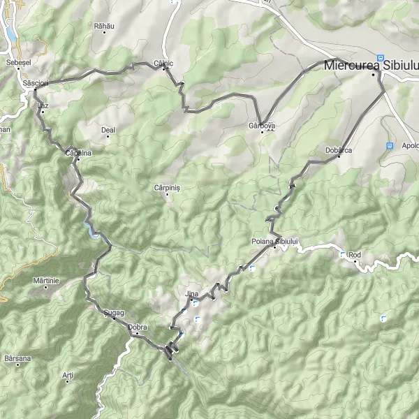 Map miniature of "Miercurea Sibiului and Șugag Loop" cycling inspiration in Centru, Romania. Generated by Tarmacs.app cycling route planner