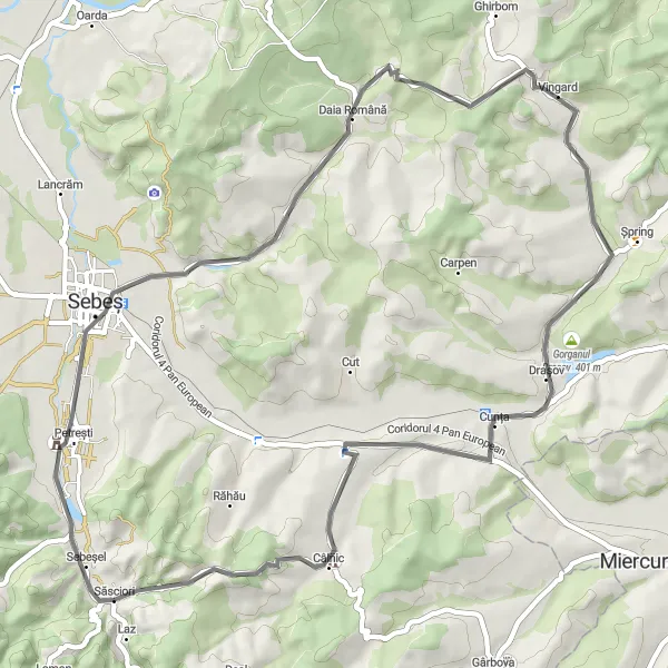 Map miniature of "Sebeșel and Gorganul Drașov Loop" cycling inspiration in Centru, Romania. Generated by Tarmacs.app cycling route planner