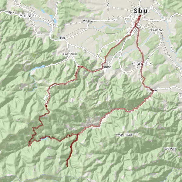 Map miniature of "Sibiu Gravel Challenge" cycling inspiration in Centru, Romania. Generated by Tarmacs.app cycling route planner