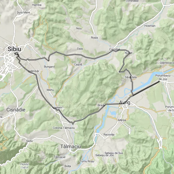 Map miniature of "Transylvanian Road Escape" cycling inspiration in Centru, Romania. Generated by Tarmacs.app cycling route planner