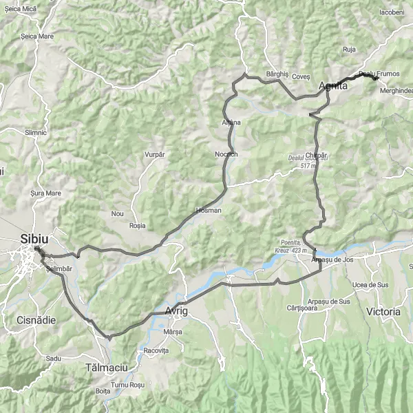 Map miniature of "Scenic Countryside Road Loop" cycling inspiration in Centru, Romania. Generated by Tarmacs.app cycling route planner