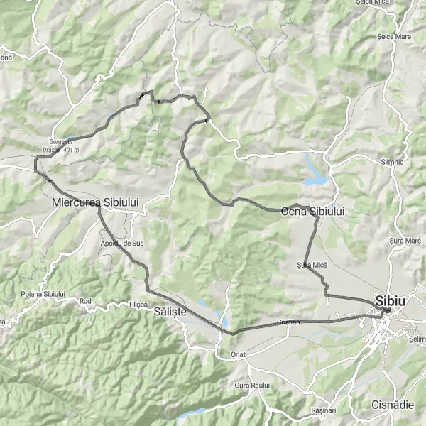 Map miniature of "Sibiu Road Explorer" cycling inspiration in Centru, Romania. Generated by Tarmacs.app cycling route planner