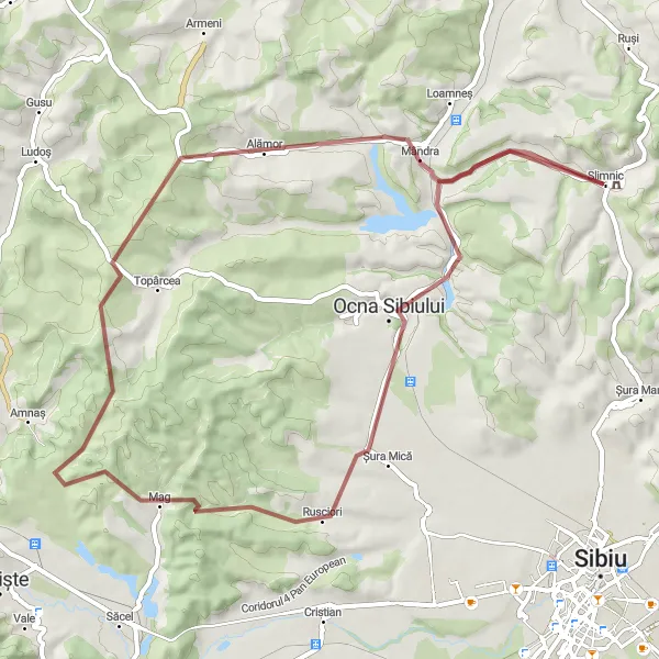 Map miniature of "Slimnic to Ocna Sibiului and Mândra Loop" cycling inspiration in Centru, Romania. Generated by Tarmacs.app cycling route planner