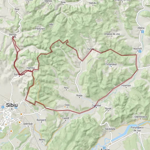 Map miniature of "The Great Gravel Adventure" cycling inspiration in Centru, Romania. Generated by Tarmacs.app cycling route planner