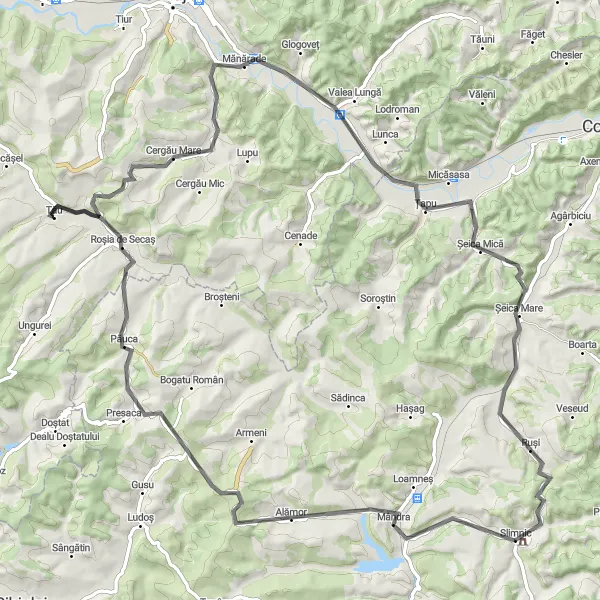 Map miniature of "Slimnic to Mândra Loop" cycling inspiration in Centru, Romania. Generated by Tarmacs.app cycling route planner