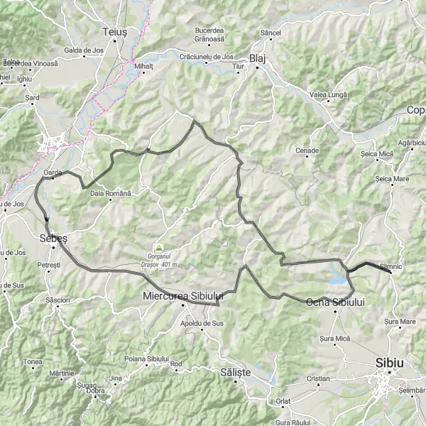 Map miniature of "Sibiu Challenge" cycling inspiration in Centru, Romania. Generated by Tarmacs.app cycling route planner