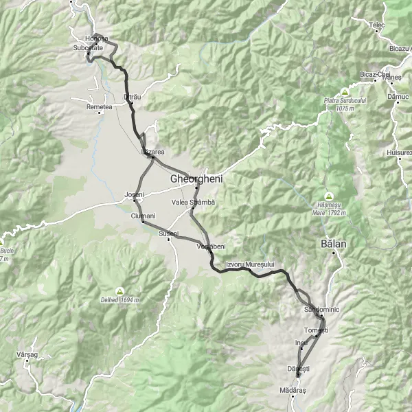 Map miniature of "Road Cycling Excursion to Lázár Castle" cycling inspiration in Centru, Romania. Generated by Tarmacs.app cycling route planner