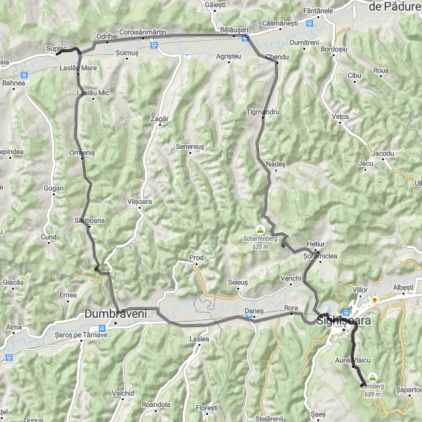 Map miniature of "Odrihei and Schulberg Classic Road Loop" cycling inspiration in Centru, Romania. Generated by Tarmacs.app cycling route planner