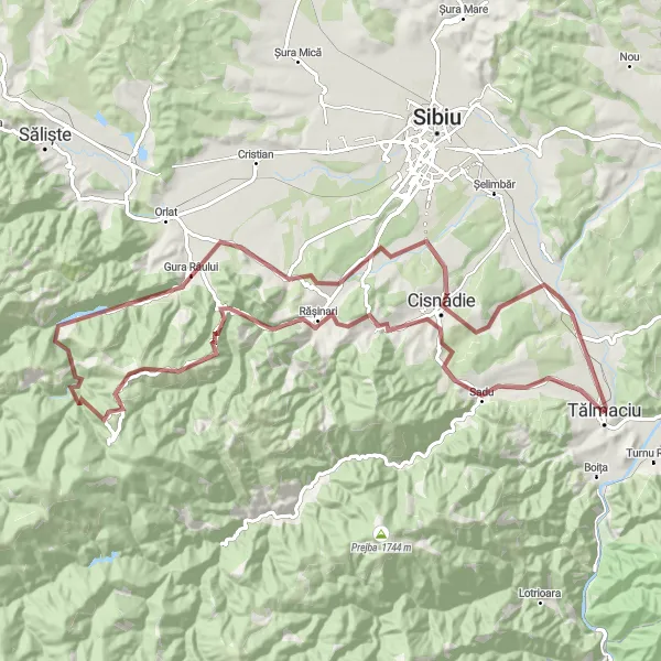 Map miniature of "Gravel Adventure in the Southern Carpathians" cycling inspiration in Centru, Romania. Generated by Tarmacs.app cycling route planner