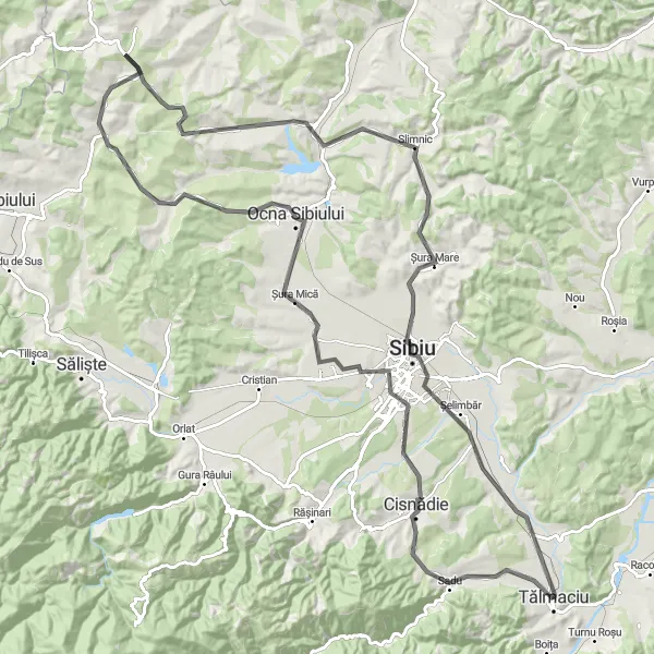 Map miniature of "Cisnădie Loop" cycling inspiration in Centru, Romania. Generated by Tarmacs.app cycling route planner