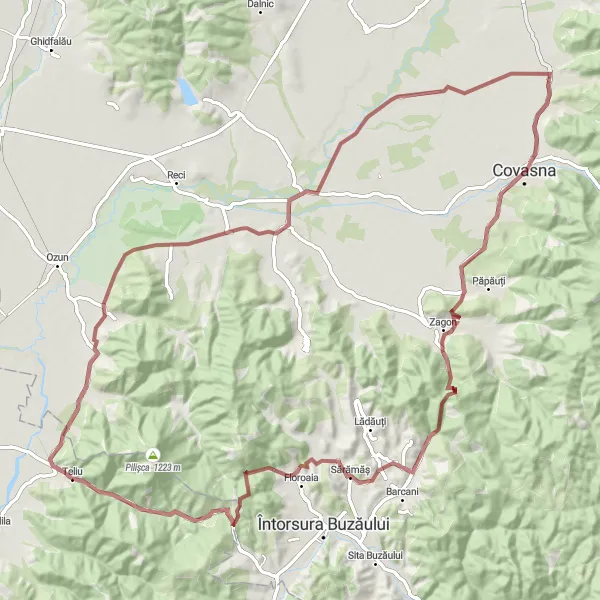 Map miniature of "Teliu - Bicfalău - Covasna - Zagon - Floroaia - Teliu" cycling inspiration in Centru, Romania. Generated by Tarmacs.app cycling route planner