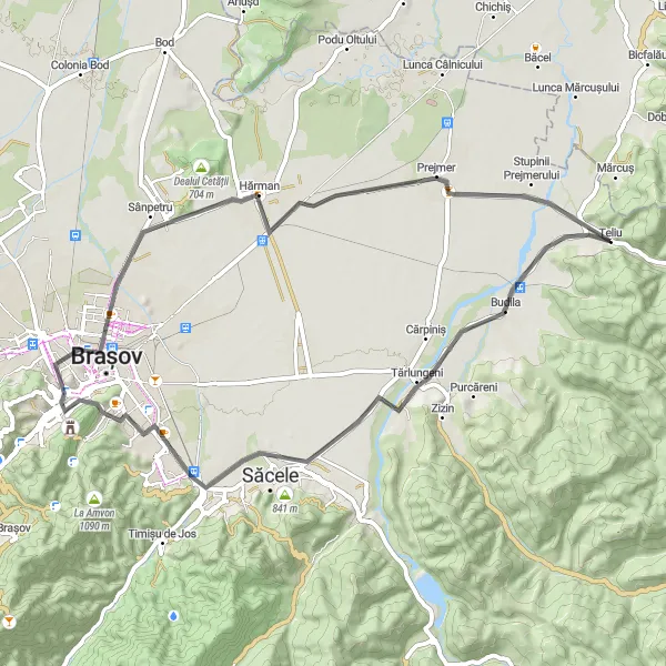 Map miniature of "Budila - Săcele Loop" cycling inspiration in Centru, Romania. Generated by Tarmacs.app cycling route planner