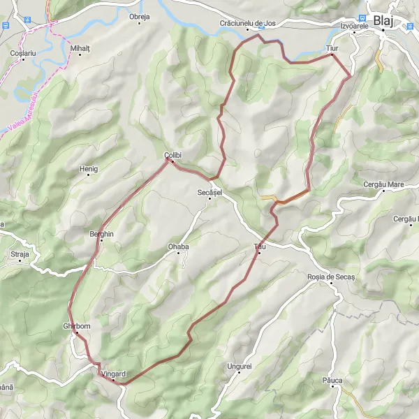 Map miniature of "Through the Countryside" cycling inspiration in Centru, Romania. Generated by Tarmacs.app cycling route planner