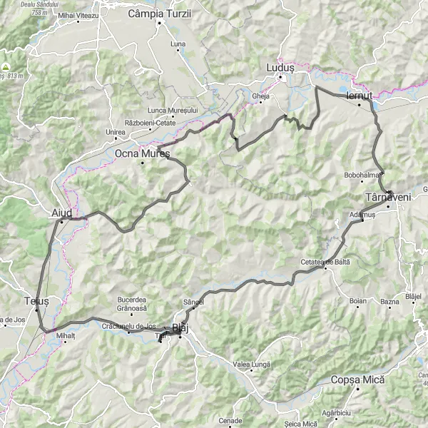 Map miniature of "The Scenic Road Trip" cycling inspiration in Centru, Romania. Generated by Tarmacs.app cycling route planner