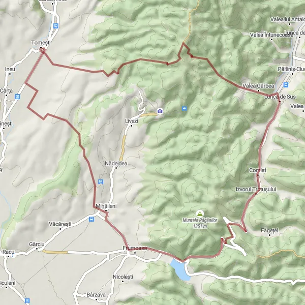 Map miniature of "Lunca de Sus - Mihăileni - Tomești" cycling inspiration in Centru, Romania. Generated by Tarmacs.app cycling route planner