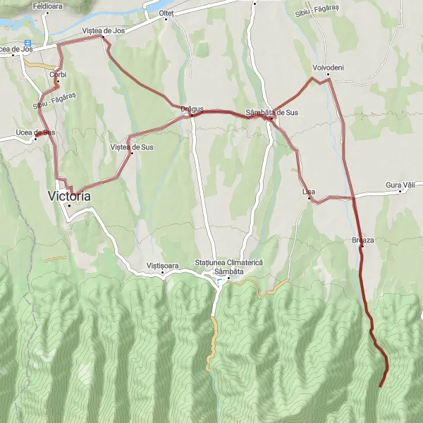Map miniature of "Ucea de Sus Gravel Adventure" cycling inspiration in Centru, Romania. Generated by Tarmacs.app cycling route planner