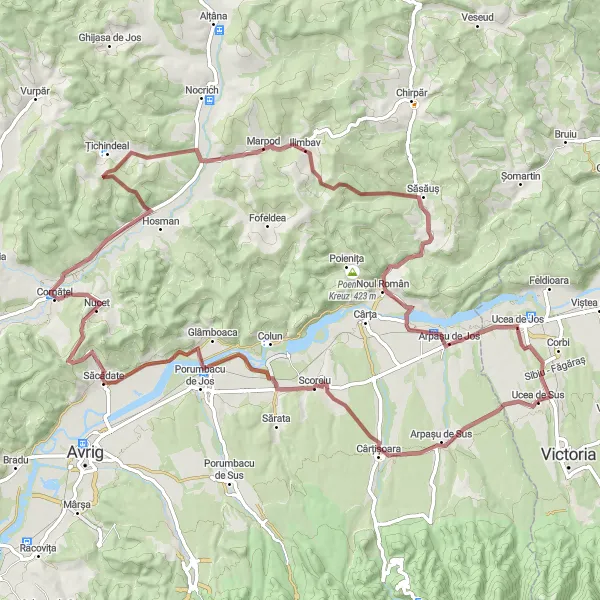 Map miniature of "Discover the Charm of Cornățel and Ilimbav" cycling inspiration in Centru, Romania. Generated by Tarmacs.app cycling route planner