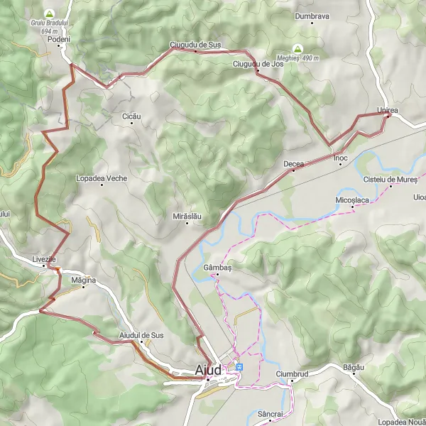 Map miniature of "Centru - Decea - Aiud - Livezile - Cornu Dealului Loop" cycling inspiration in Centru, Romania. Generated by Tarmacs.app cycling route planner