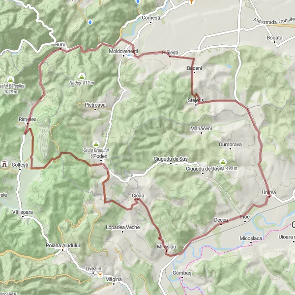 Map miniature of "Centru - Decea - Mirăslău - Hidiș - Pleșu - Buru - Plăiești - Stejeriș Loop" cycling inspiration in Centru, Romania. Generated by Tarmacs.app cycling route planner