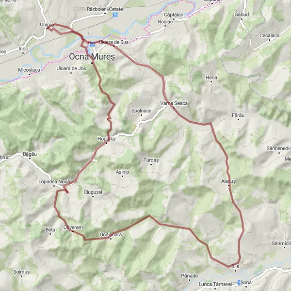 Map miniature of "Centru - Uioara de Sus - Alecuș - Hopârta - Ocna Mureș Loop" cycling inspiration in Centru, Romania. Generated by Tarmacs.app cycling route planner