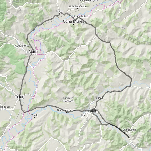 Map miniature of "Centru - Uioara de Sus - Sânmiclăuș - Lunca Târnavei - Mănărade - Crăciunelu de Jos - Teiuș - Decea Loop" cycling inspiration in Centru, Romania. Generated by Tarmacs.app cycling route planner