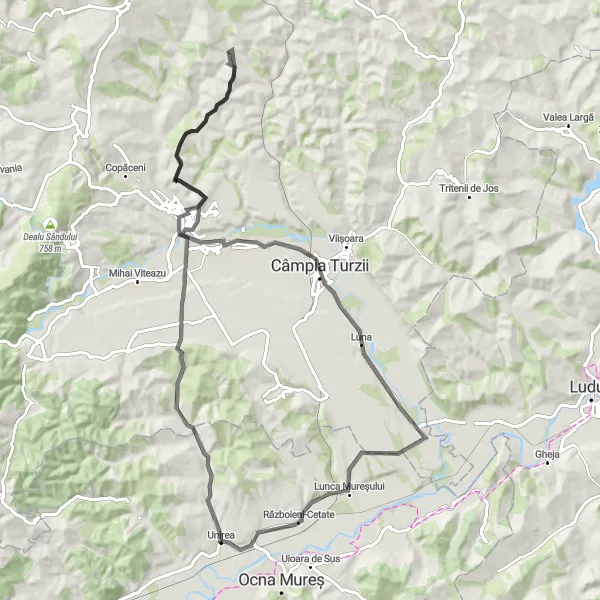 Map miniature of "Centru - Turda - Crairât - Câmpia Turzii - Războieni-Cetate Loop" cycling inspiration in Centru, Romania. Generated by Tarmacs.app cycling route planner