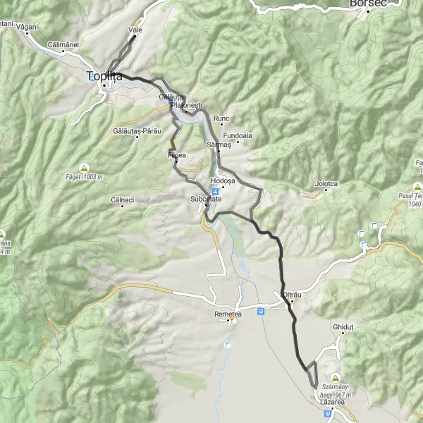 Map miniature of "The Road to Sărmaș" cycling inspiration in Centru, Romania. Generated by Tarmacs.app cycling route planner