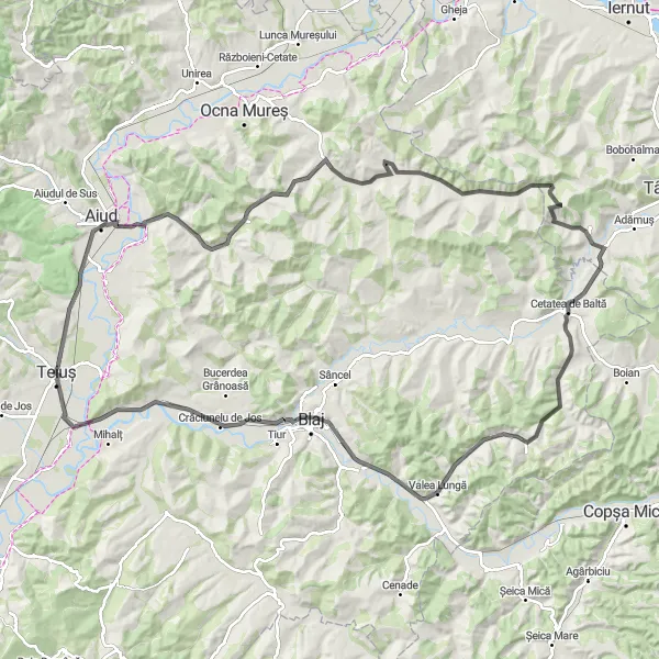 Map miniature of "The Scenic Road Adventure" cycling inspiration in Centru, Romania. Generated by Tarmacs.app cycling route planner