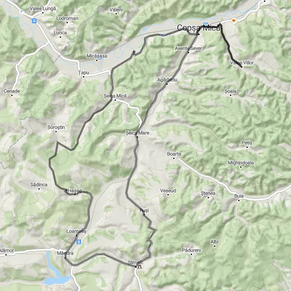 Map miniature of "The Rural Charms of Valea Viilor" cycling inspiration in Centru, Romania. Generated by Tarmacs.app cycling route planner