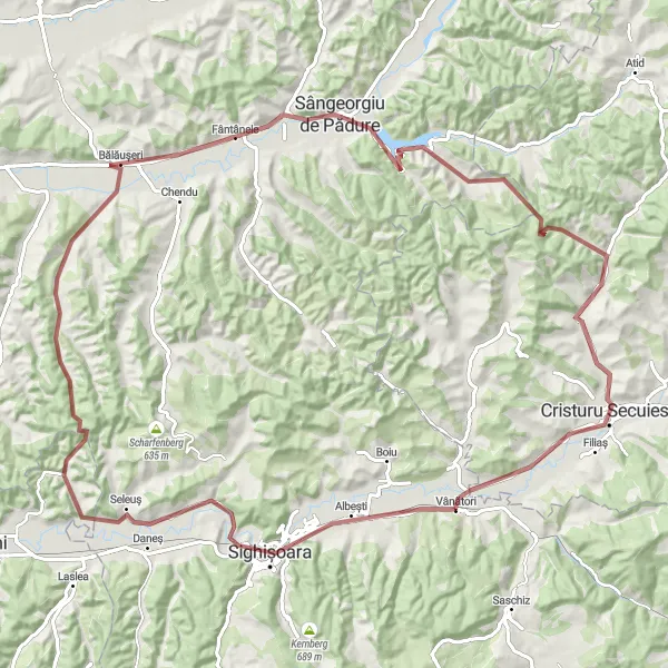 Map miniature of "Vânători to Sighișoara and Back" cycling inspiration in Centru, Romania. Generated by Tarmacs.app cycling route planner