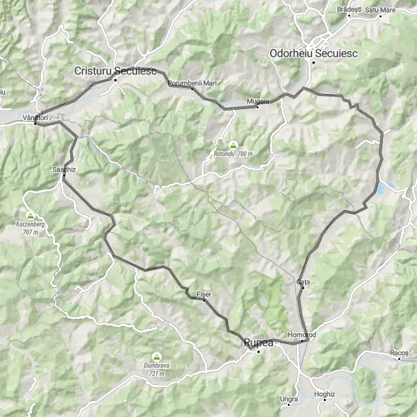 Map miniature of "Road to Saschiz" cycling inspiration in Centru, Romania. Generated by Tarmacs.app cycling route planner