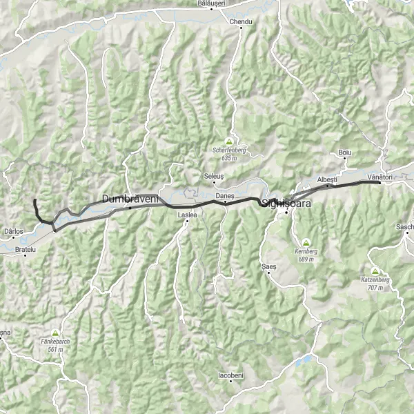 Map miniature of "Vînători - Sighișoara Loop" cycling inspiration in Centru, Romania. Generated by Tarmacs.app cycling route planner