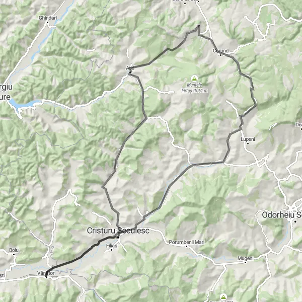 Map miniature of "Vînători - Cristuru Secuiesc Loop" cycling inspiration in Centru, Romania. Generated by Tarmacs.app cycling route planner