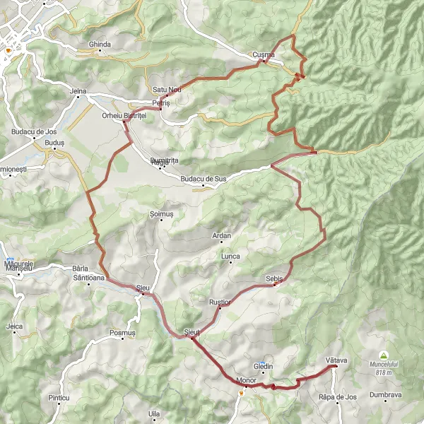 Map miniature of "Thrilling Gravel Adventure near Vătava" cycling inspiration in Centru, Romania. Generated by Tarmacs.app cycling route planner