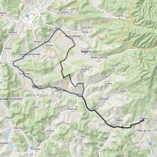 Map miniature of "Centru - Șieu - Măgurele - Monariu - Jelna - Monor Round-Trip" cycling inspiration in Centru, Romania. Generated by Tarmacs.app cycling route planner