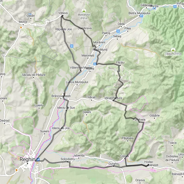 Map miniature of "Centru - Rușii-Munți - Gurghiu - Castelul Kendy-Kemény - Râpa de Jos Round-Trip" cycling inspiration in Centru, Romania. Generated by Tarmacs.app cycling route planner