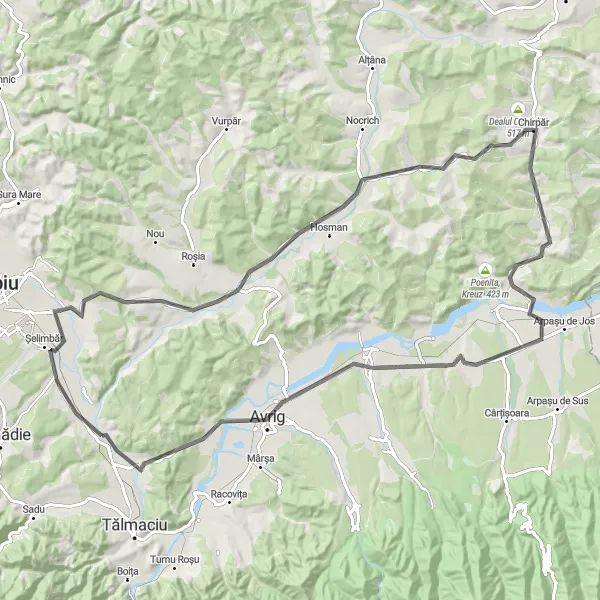 Map miniature of "Sibiu-Șelimbăr-Brașov Adventure" cycling inspiration in Centru, Romania. Generated by Tarmacs.app cycling route planner