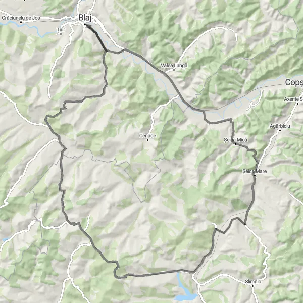 Map miniature of "The Blaj Countryside Tour" cycling inspiration in Centru, Romania. Generated by Tarmacs.app cycling route planner