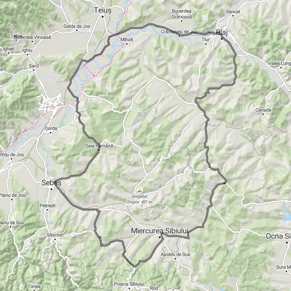 Map miniature of "Veza - Câlnic Loop" cycling inspiration in Centru, Romania. Generated by Tarmacs.app cycling route planner