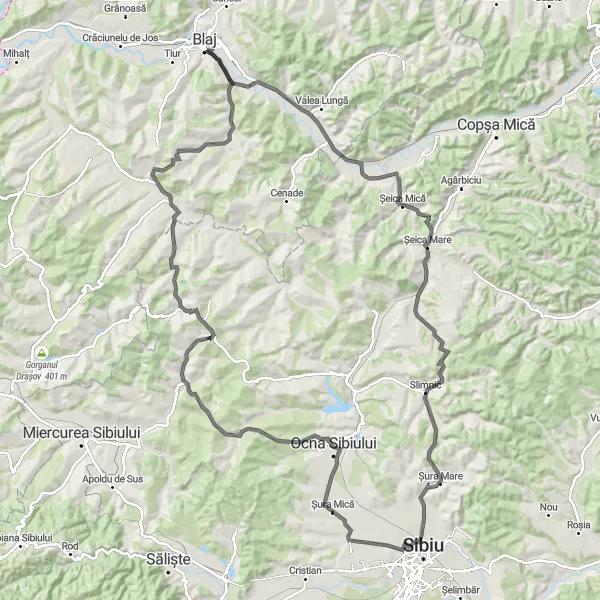 Map miniature of "The Blaj Scenic Ride" cycling inspiration in Centru, Romania. Generated by Tarmacs.app cycling route planner