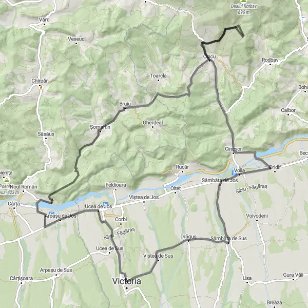 Map miniature of "Victoria to Drăguș" cycling inspiration in Centru, Romania. Generated by Tarmacs.app cycling route planner